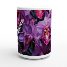 Load image into Gallery viewer, White 15oz Ceramic Mug - Cattleyas - PERSONALIZED (White Text)