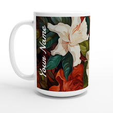 Load image into Gallery viewer, White 15oz Ceramic Mug - Gardenias and Orange - PERSONALIZED (White Text)