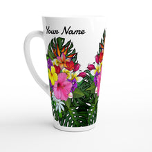 Load image into Gallery viewer, White Latte 17oz Ceramic Mug - Tropical Bouquet - PERSONALIZED