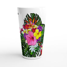Load image into Gallery viewer, White Latte 17oz Ceramic Mug - Tropical Bouquet - PERSONALIZED