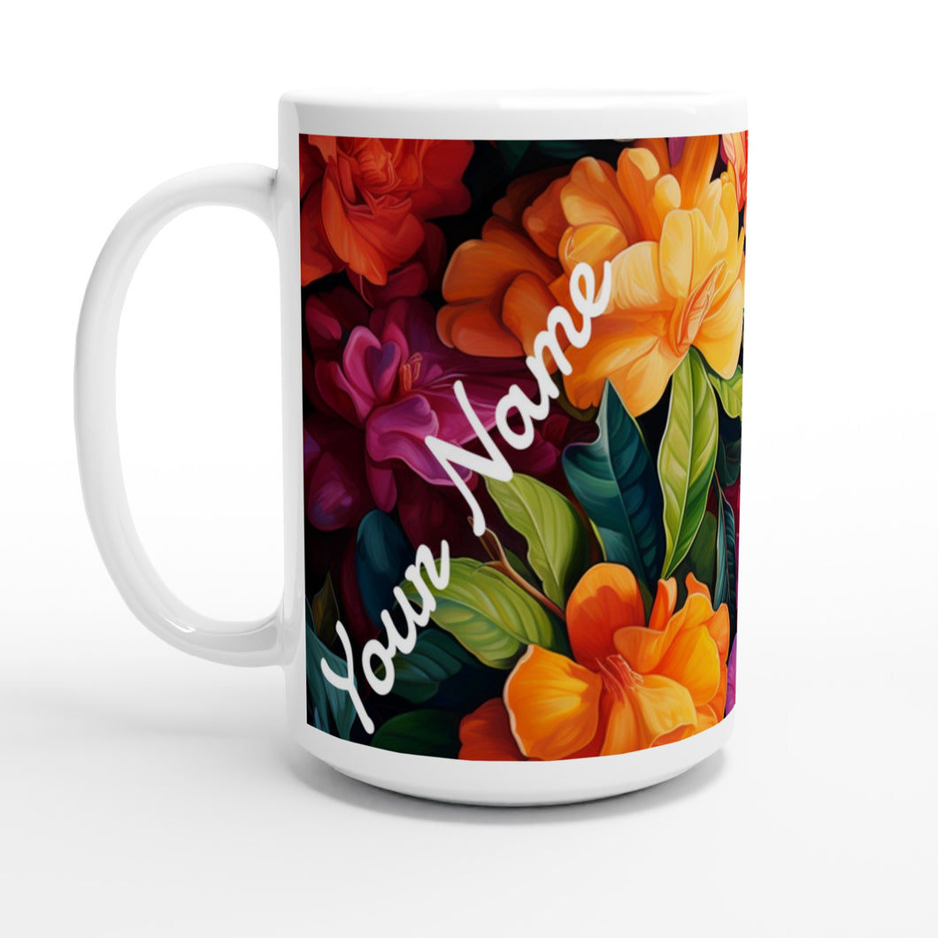 White 15oz Ceramic Mug - Garden Gardenias - PERSONALIZED (White Text)